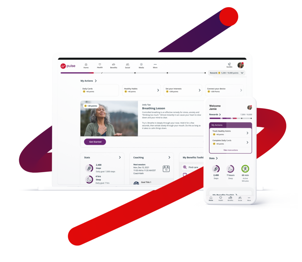 Virgin Pulse displays a homepage on a computer and mobile phone; the computer shows a list of actions, like daily cards, healthy habits, and connect your device, at the top of the screen to earn points, plus a card in the middle with directions on starting a breathing lesson; the mobile phone shows actions like track healthy habits and complete daily cards to earn points, plus doughnut graphs showing an employee named Jamie's stats on daily step count, sleep hours, and active minutes.