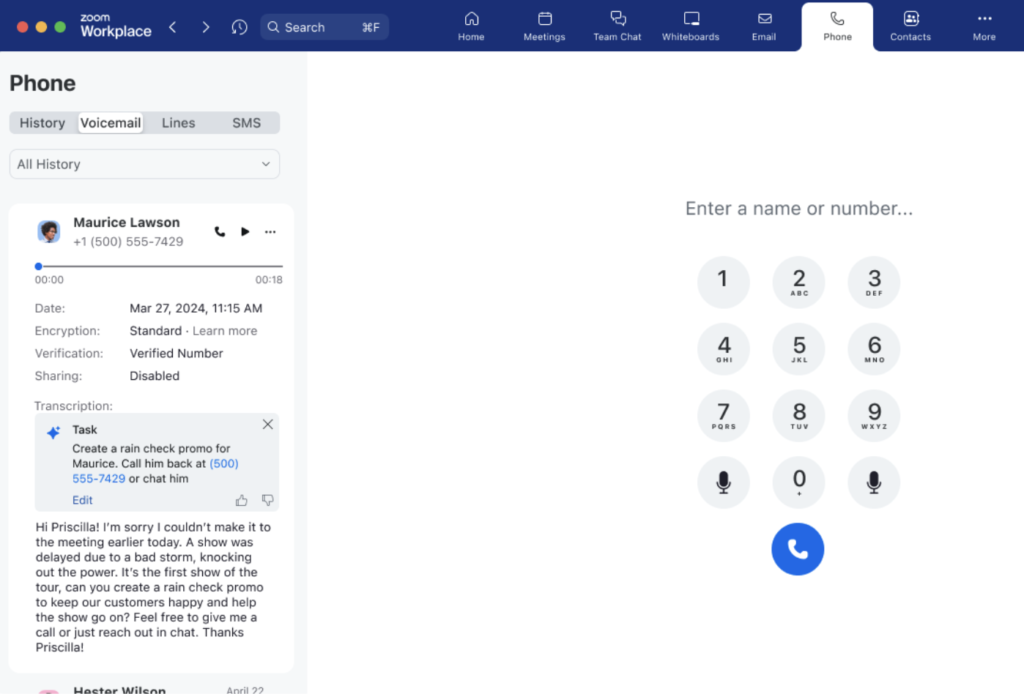 Zoom Phone voicemail interface displaying a transcribed message with task assignment, playback controls, and call details, including encryption and verification status.