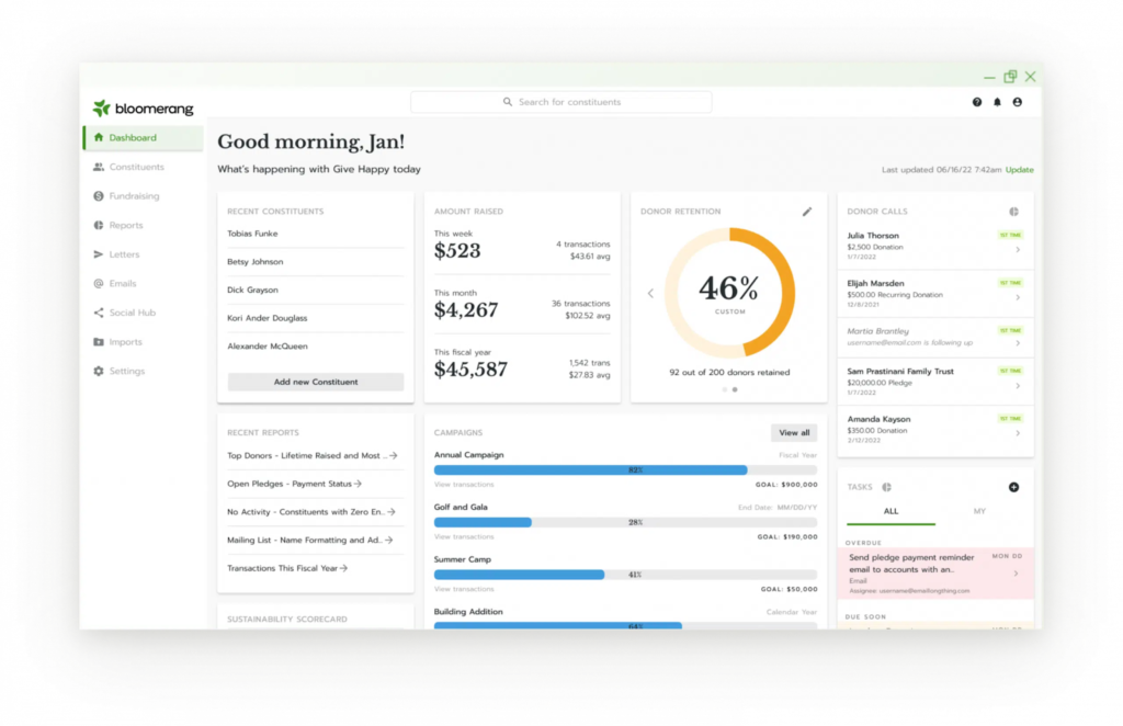 Bloomerang main dashboard.