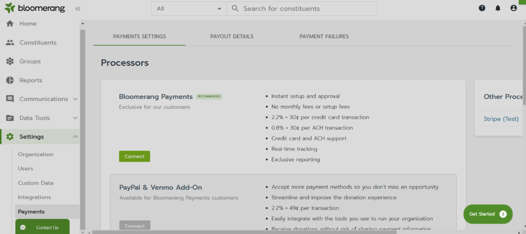 Bloomerang payment settings dashboard.
