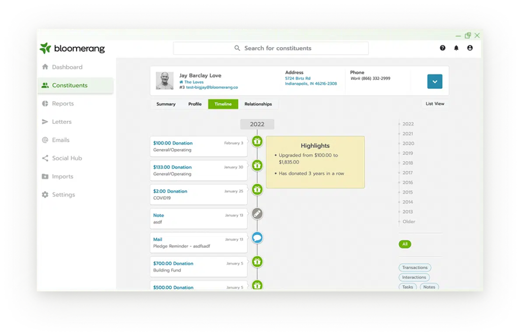 Bloomerang donor management dashboard.