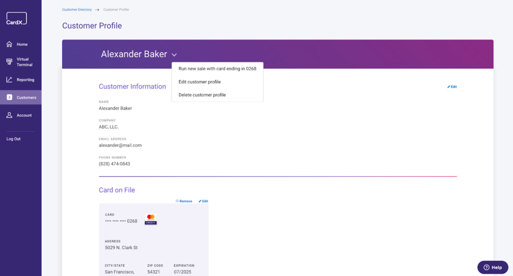 CardX virtual terminal sample customer profile.