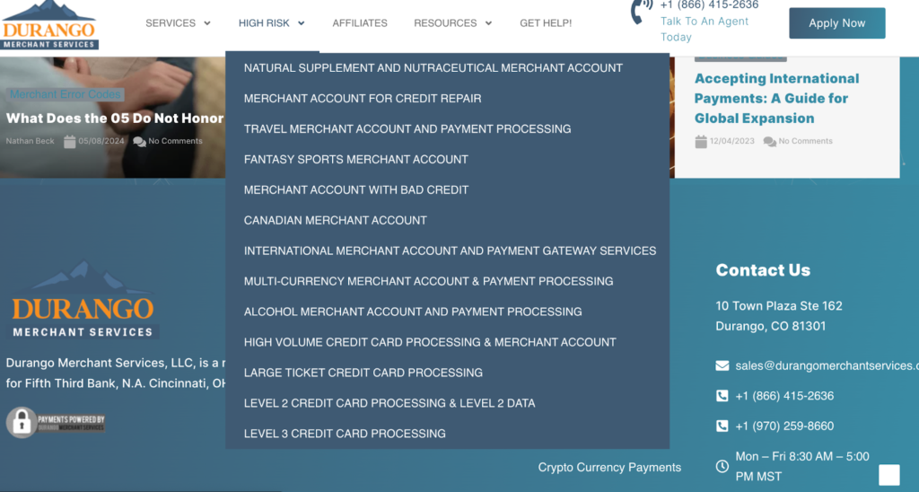 Durango website displaying partial list of supported high risk businesses.