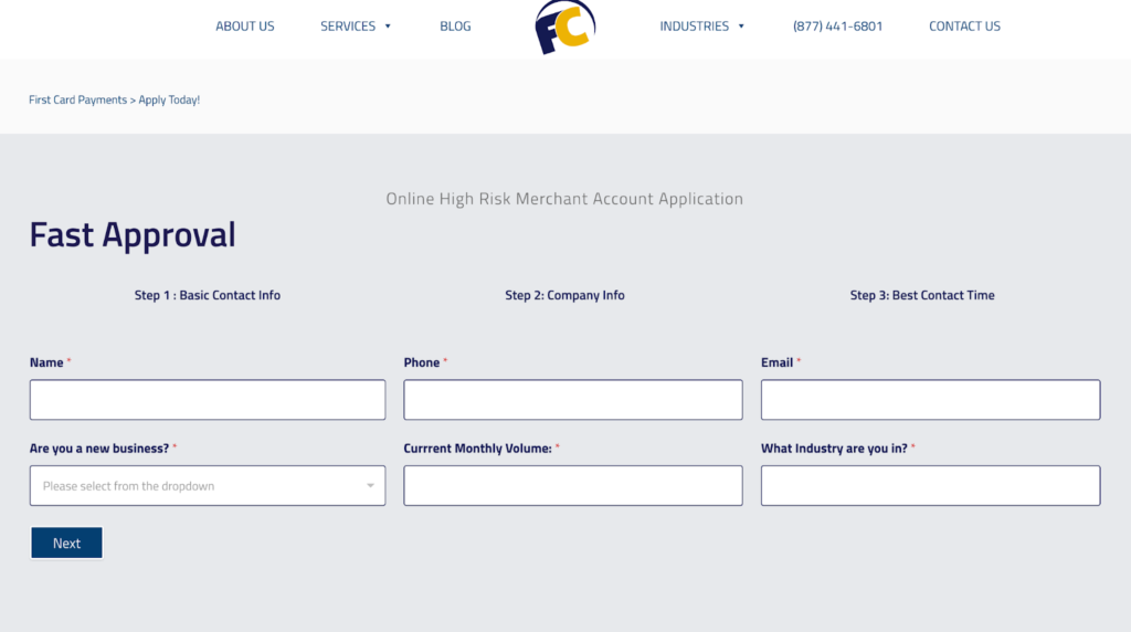 First Card Payments online application form.