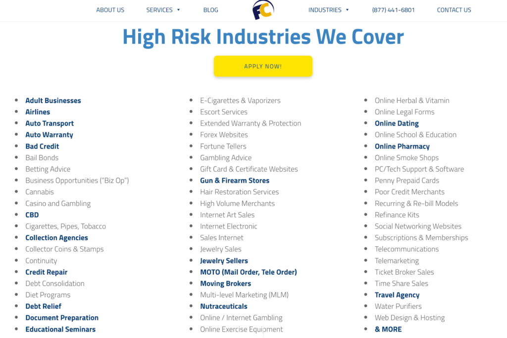 First Card Payments list of supported high risk industries.