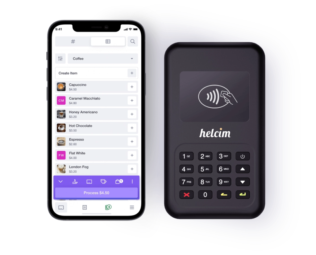 Helcim mobile credit card reader w/PIN pad and smartphone with mobile app.