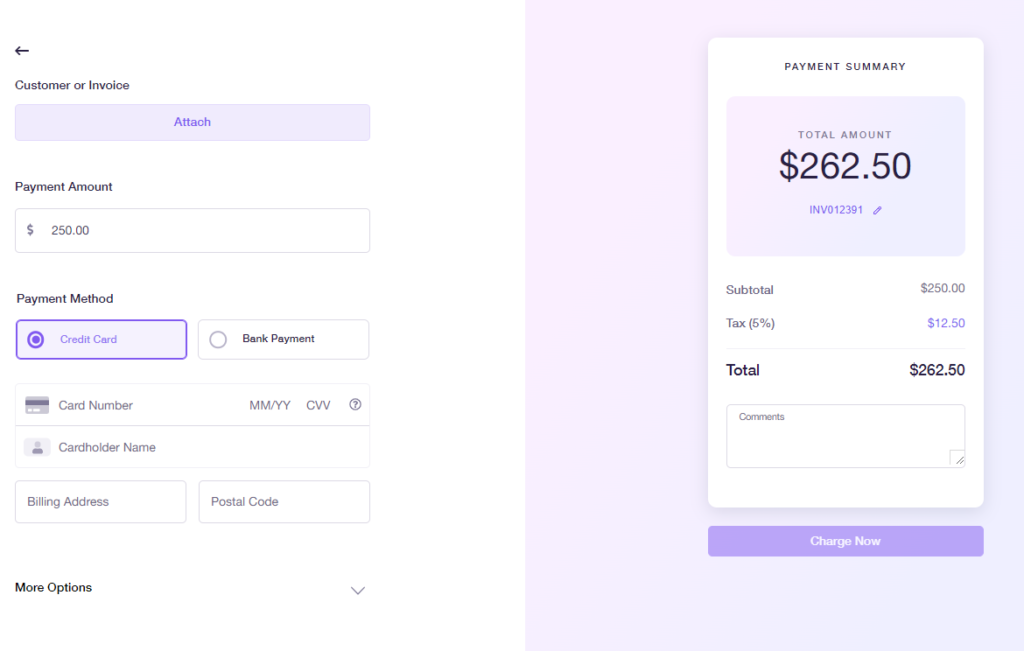 Helcim virtual terminal dashboard with sample transaction.