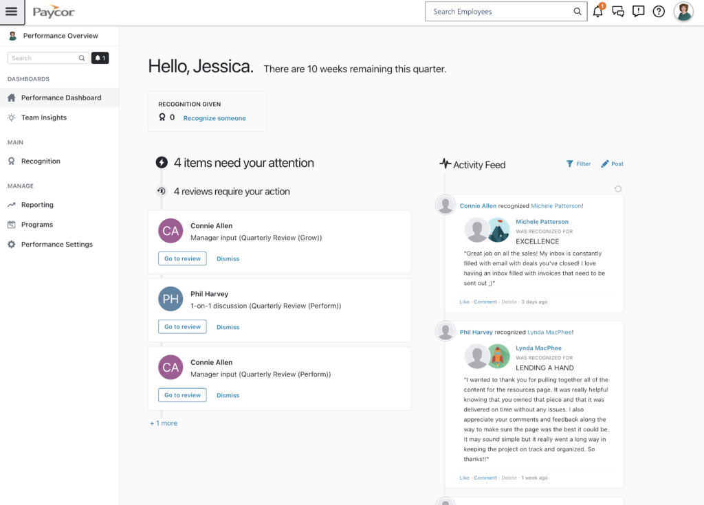 Paycor displays a performance dashboard with a list of items needing attention, like management input and one-on-one discussions, plus a company activity feed on the right rail.