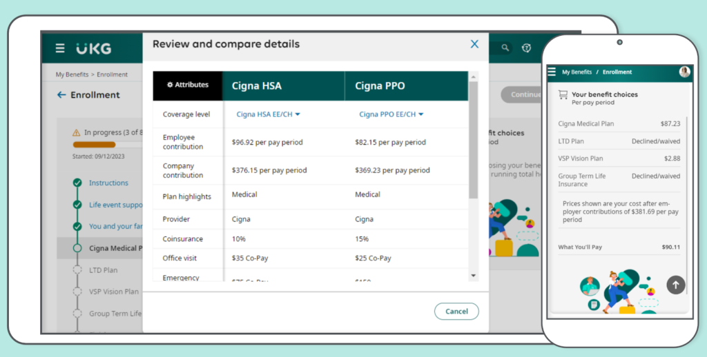 A tablet and mobile phone show two views of UKG Ready's benefits enrollment; the tablet displays side-by-side views of healthcare costs for a Cigna HSA and Cigna PPO plan; the mobile phone shows a list of employee benefits choices.