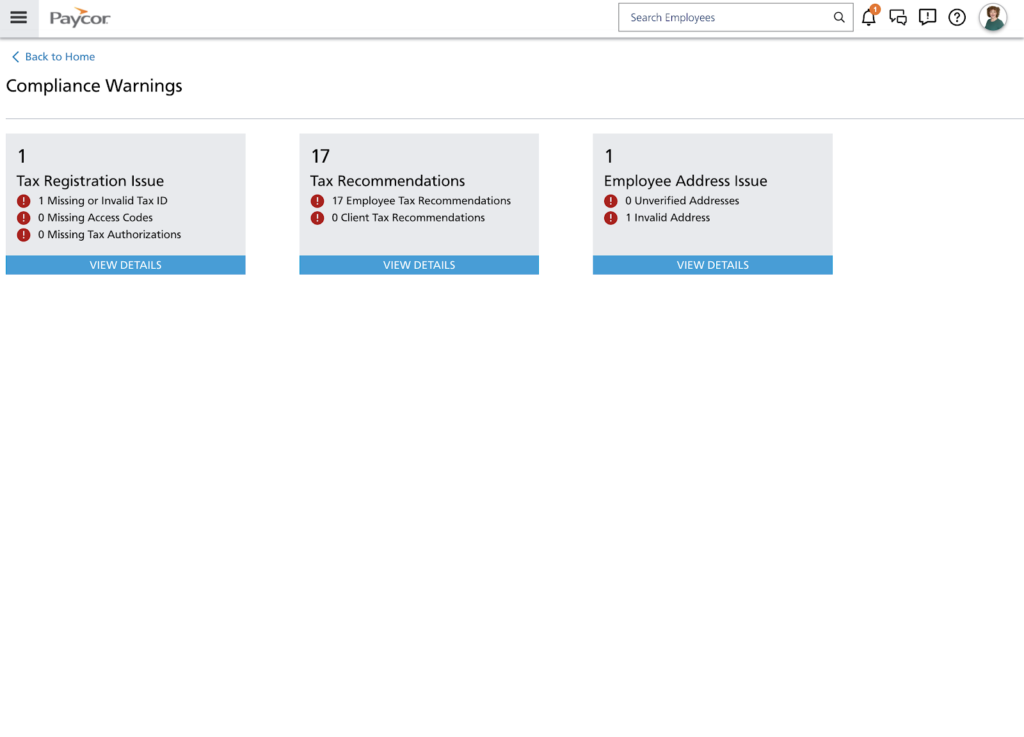 Paycor displays its compliance warnings dashboard with three cards indicating that the company has one tax registration issue, 17 tax recommendations, and one employee address concern.