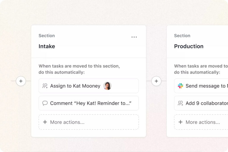 Asana interface showing a card that lists automated actions for when tasks are moved to the "Intake" section.