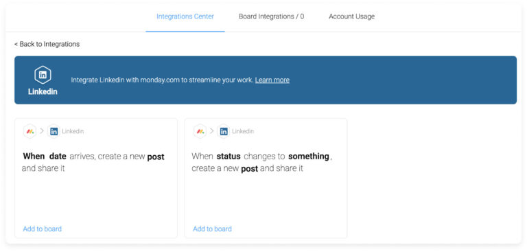 monday.com interface showing the Integrations Center and the LinkedIn automation recipes available.