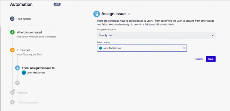 Jira interface showing the automation builder for assigning issues to specific users.