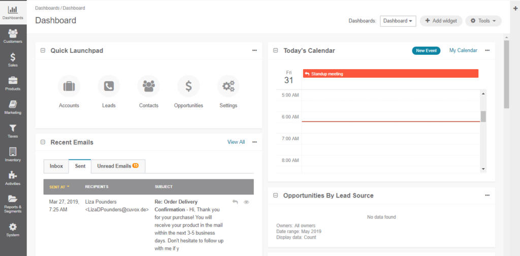 Dashboard screenshot of open source crm orocrm.