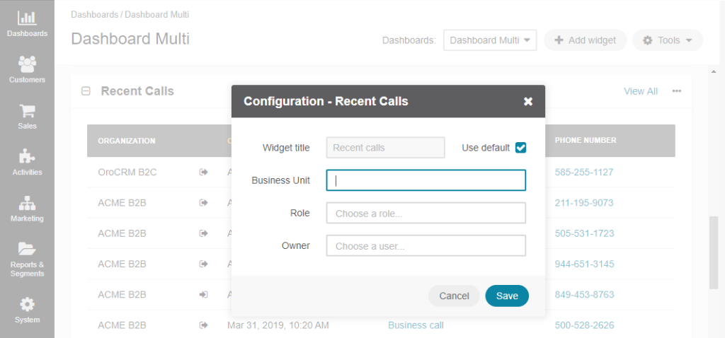 Dashboard screenshot of open source crm orocrm.