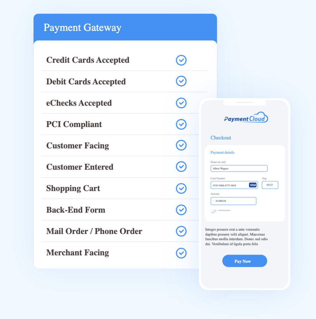 PaymentCloud payment gateway features with sample mobile checkout screen.