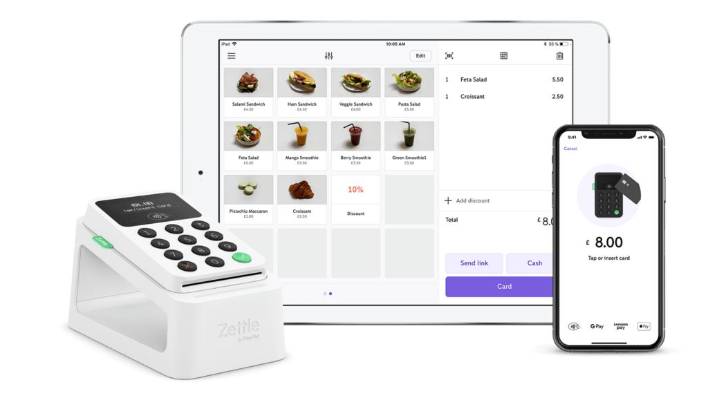 PayPal Zettle mobile card reader w/ mobile POS app and sample transaction.