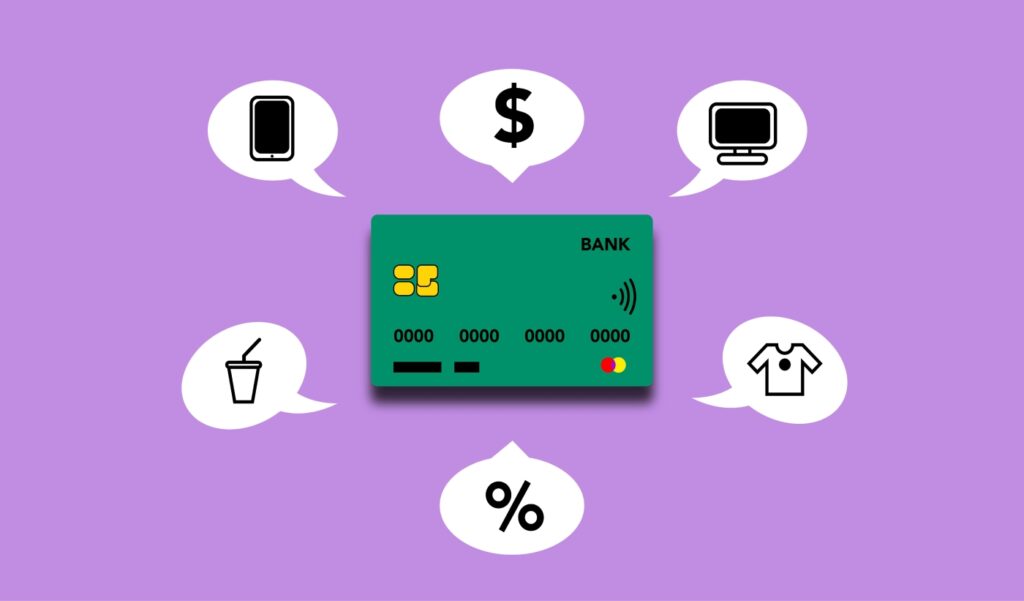 Credit card concept image on purple background.