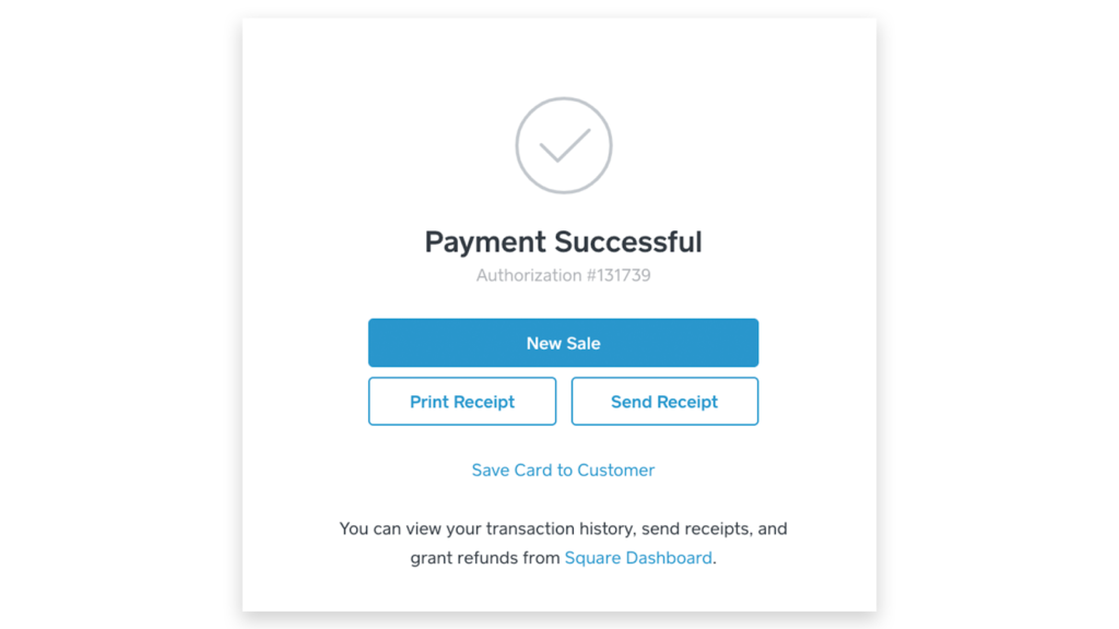 Square virtual terminal payment success window with option for sending reciepts.