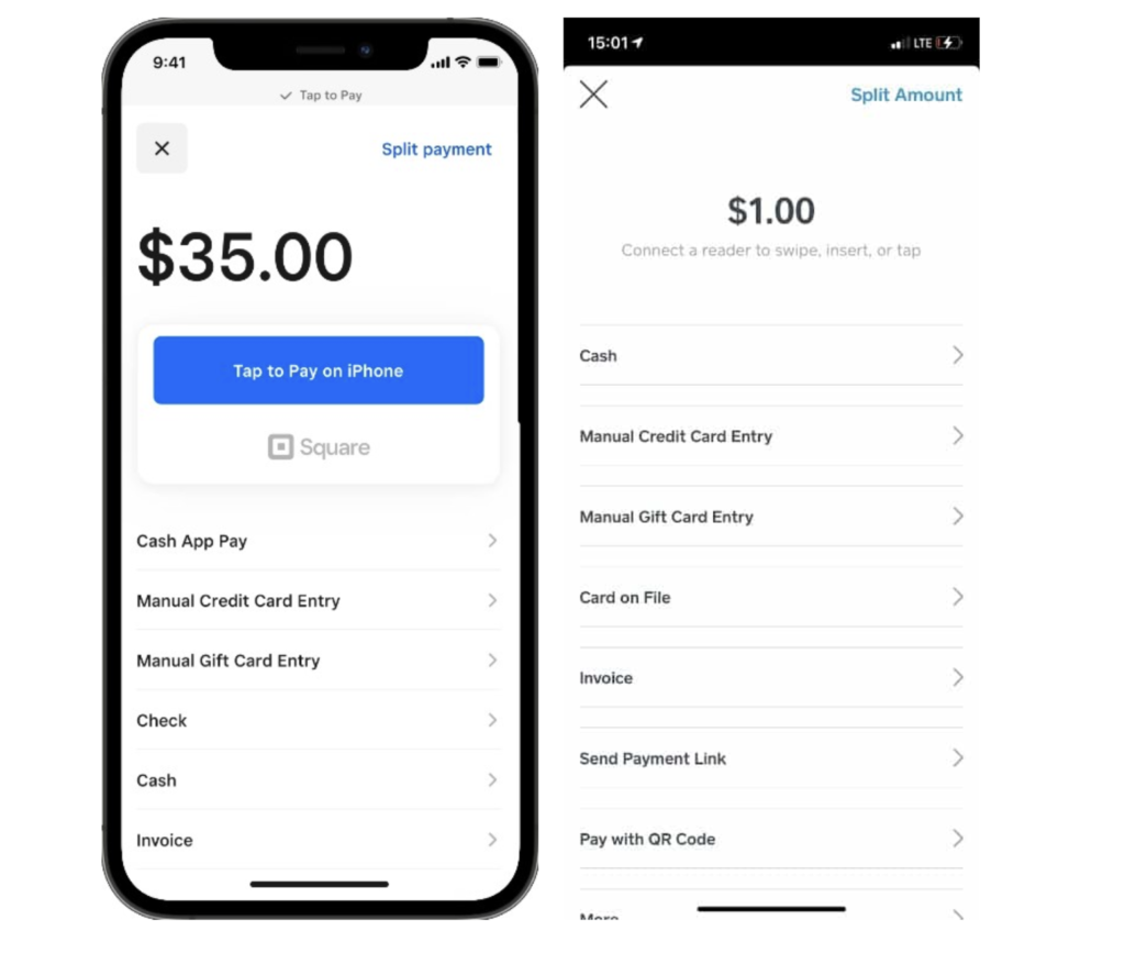 Square mobile POS app w/ sample transactions.