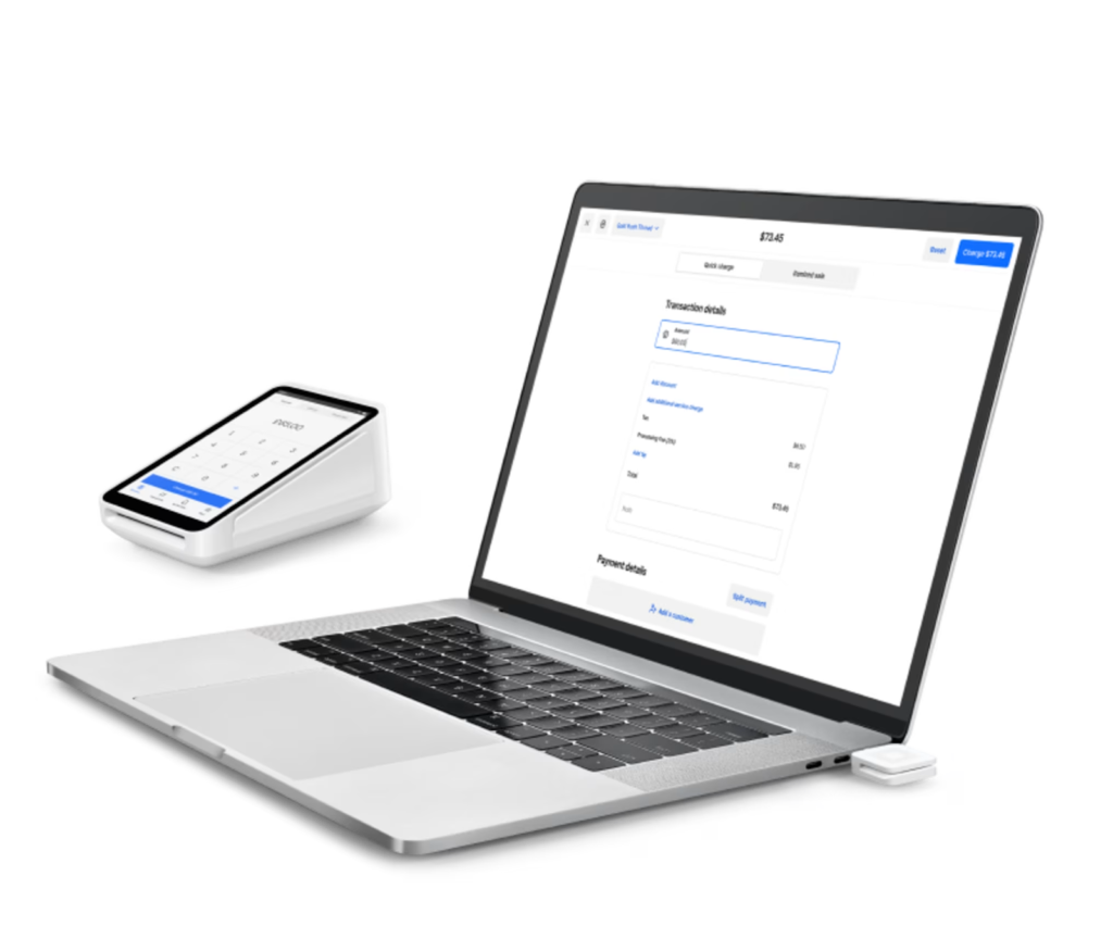 Square virtual terminal on laptop with added swipe card reader and smart POS terminal.