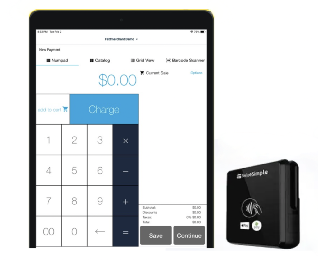 Stax mobile card reader by SwipeSimple and iPad with Stax Pay mobile app.