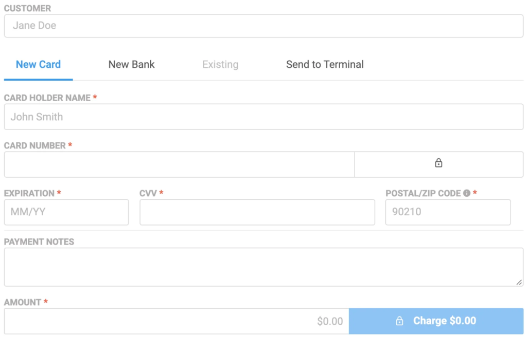 Stax virtual terminal payment form on Stax Pay.