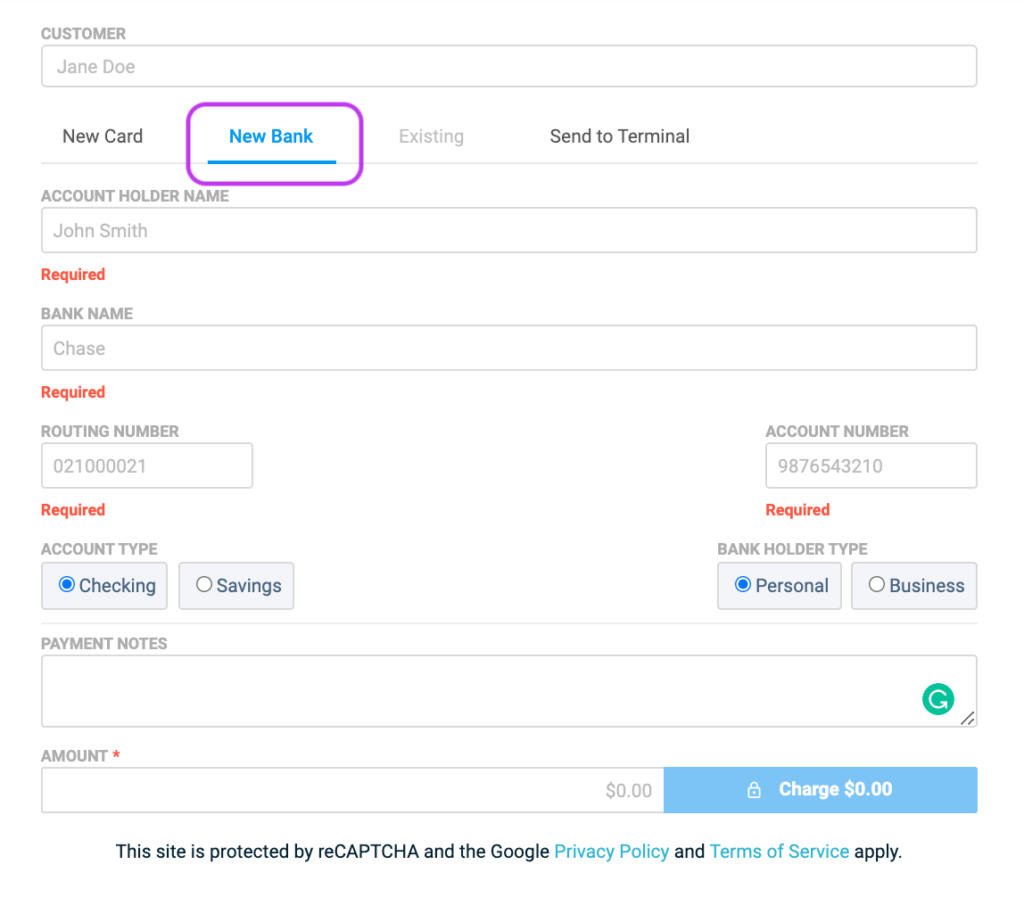 Stax virtual terminal payment form showing bank payment option.