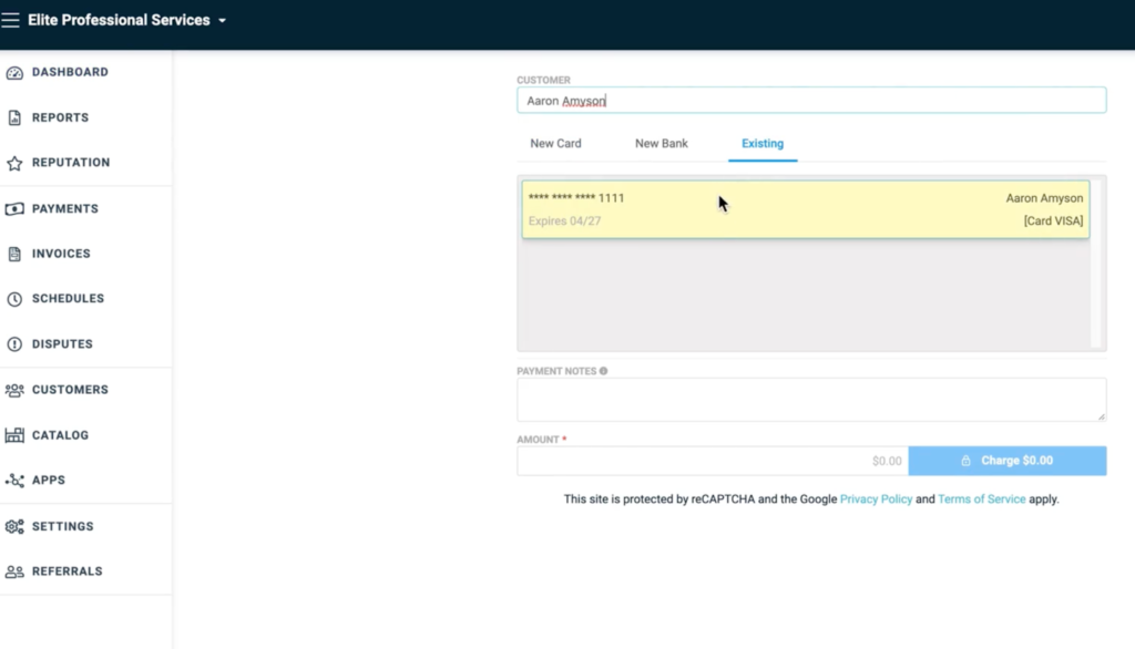 Stax virtual terminal sample transaction with payment details stored in card vault.