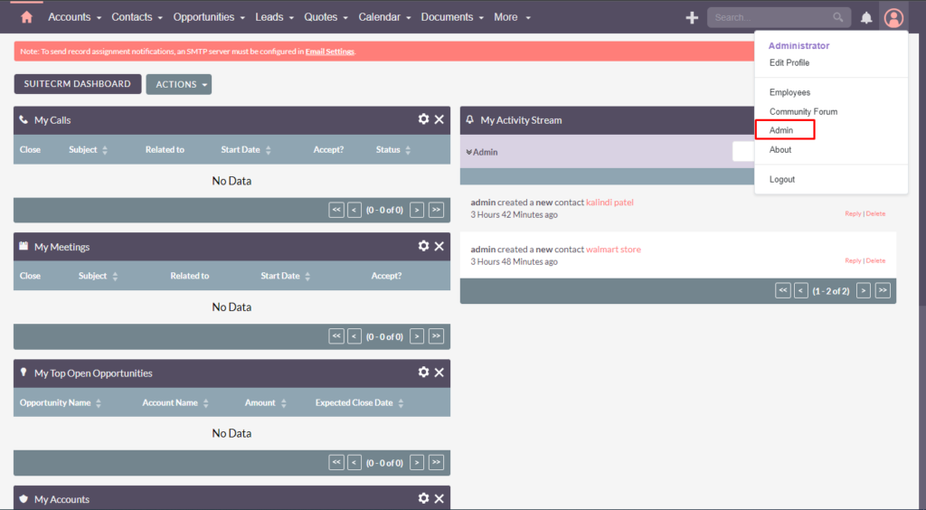 Dashboard view of open source CRM SuiteCRM.