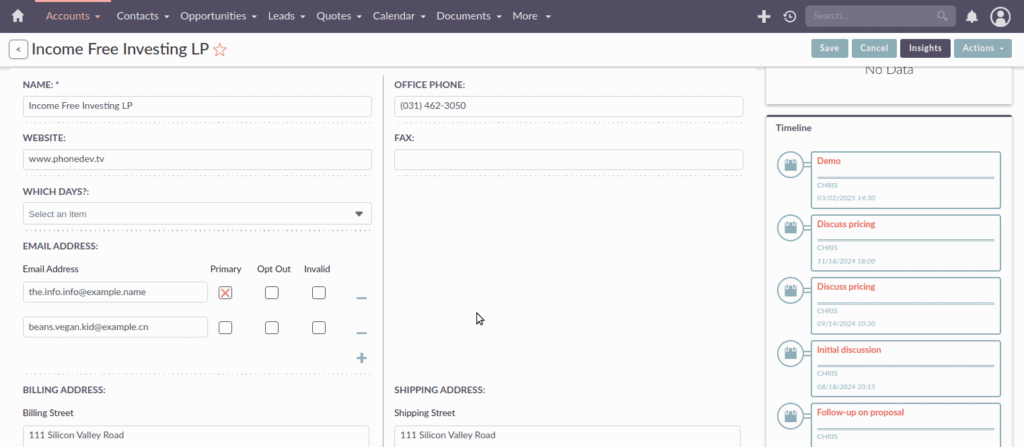 Dashboard view of open source CRM SuiteCRM.