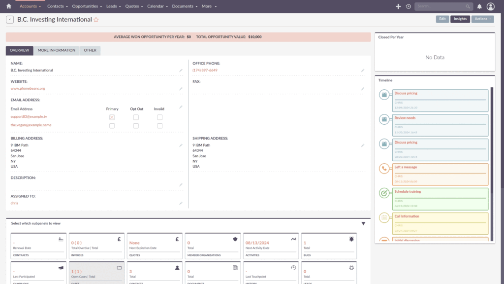 Dashboard view of open source CRM SuiteCRM.