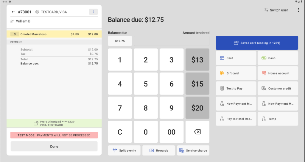 Toast's bar tab preauthorization screen.