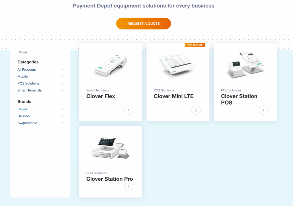 Hardware page on payment Depot website displaying Clover hardware