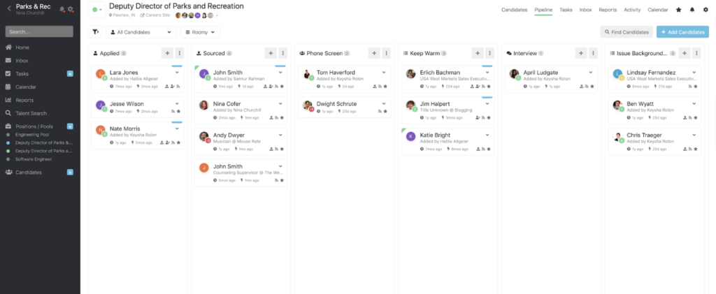 Candidate profiles in Breezy HR sorted into hiring pipeline stages such as sourced, phone screen, and interview.