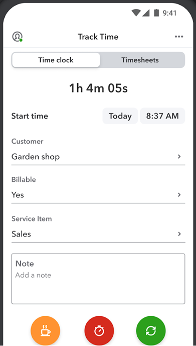 QuickBooks Time mobile app with time clock panel for clocking in/out