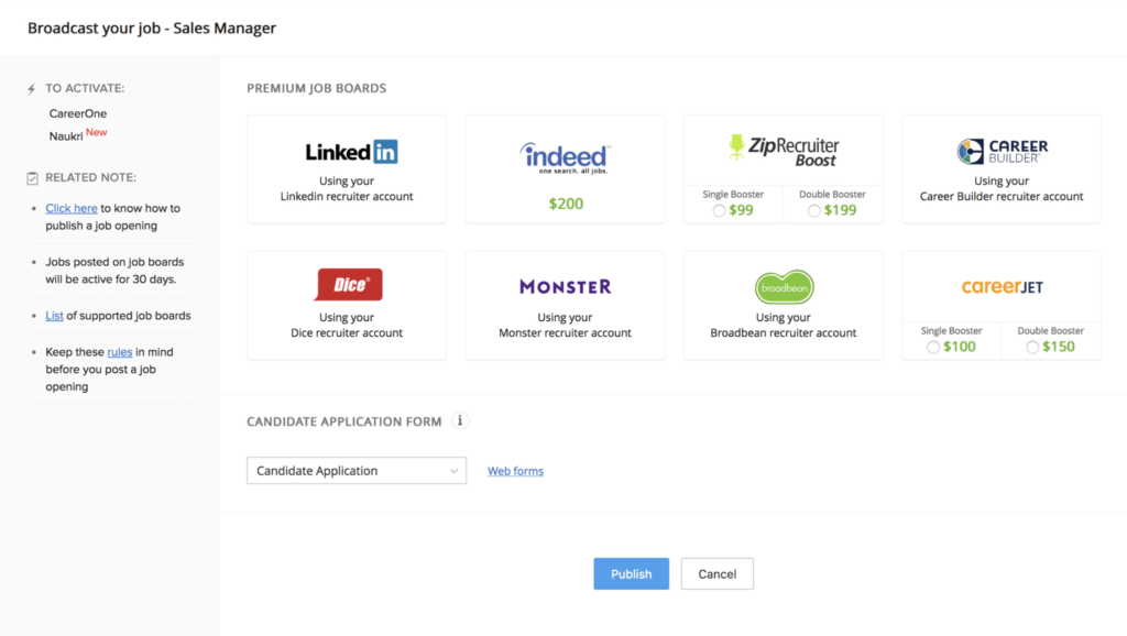 Zoho Recruit displays premium job board options, including LinkedIn and Indeed.