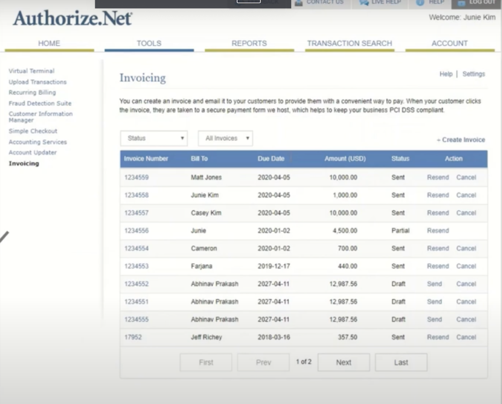 Authorize.net Invoicing tool dashboard.