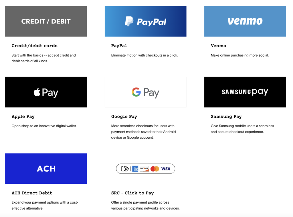 Braintree accepted payment methods credit cards paypal venmo mobile wallets ach.