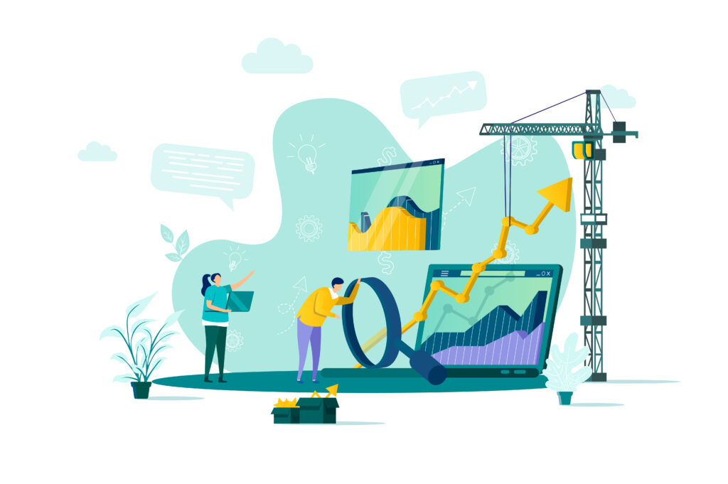 Illustration of colorful charts and a magnifying glass to show data analysis.