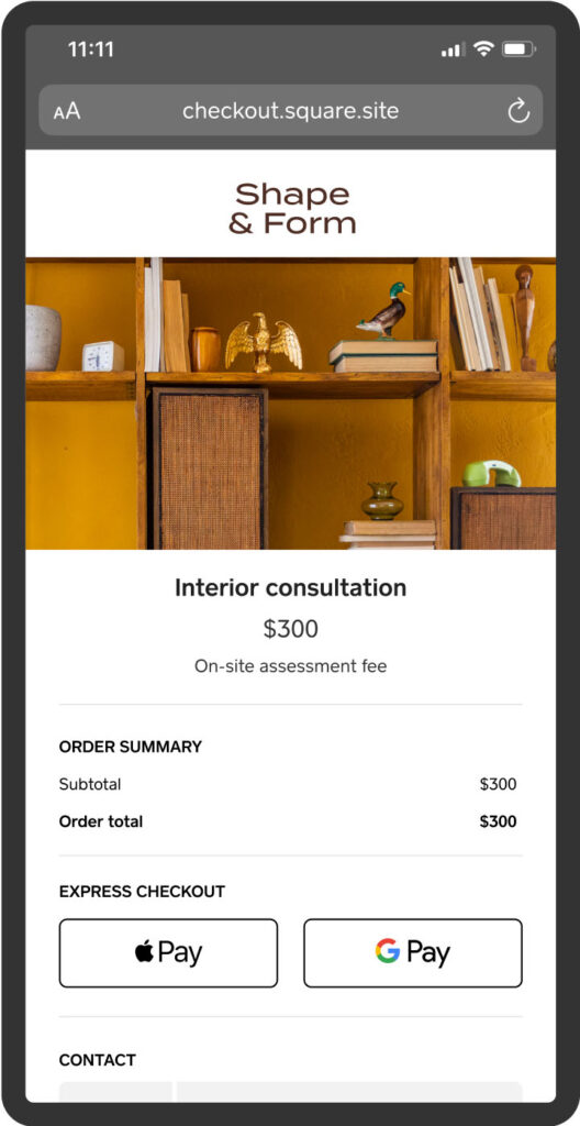 Square Online checkout page on mobile.