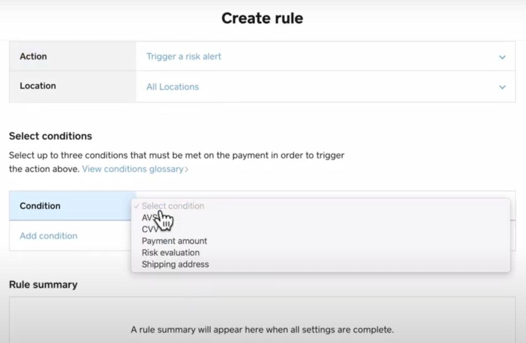 Square Payments Risk Manager create rules step by step.