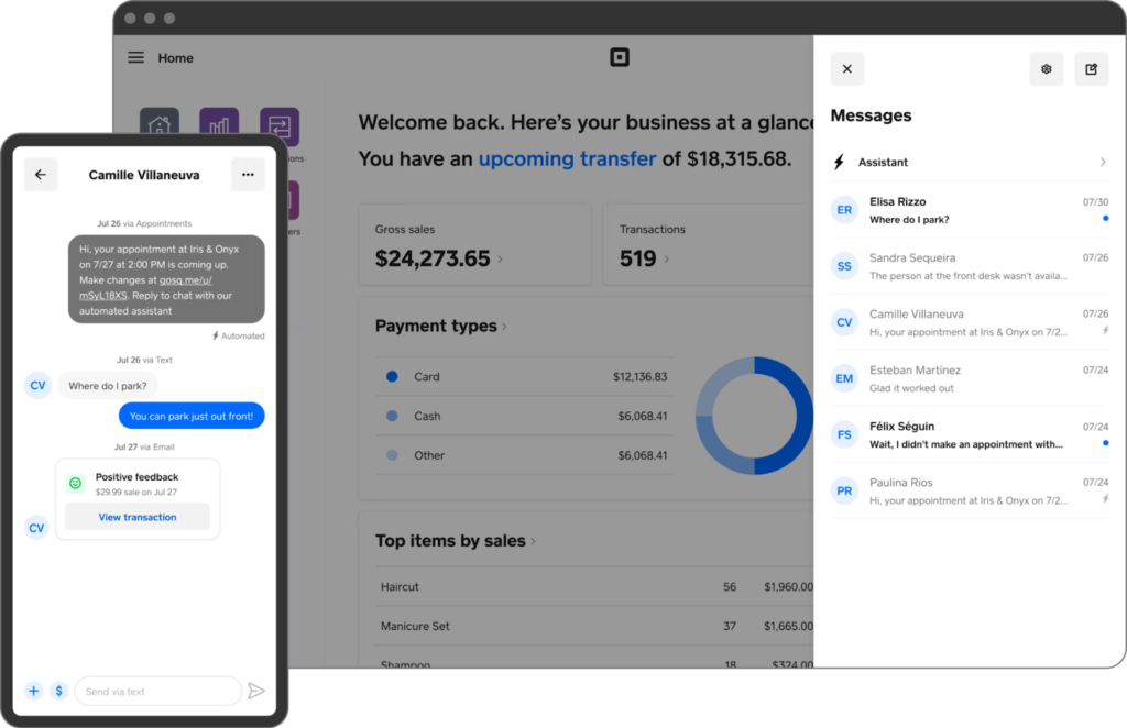 Square Messages on desktop and mobile device with sample SMS.