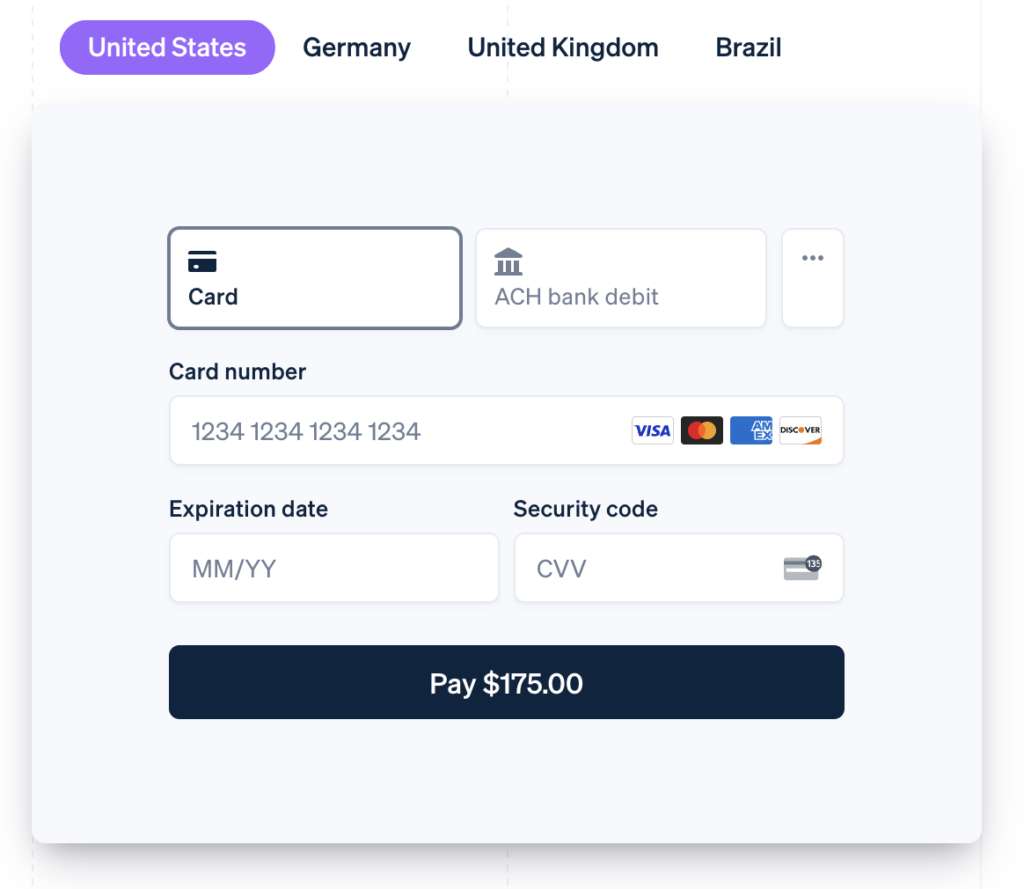 Stripe checkout page displaying multiple currencies and languages US Germany United Kingdom Brazil.