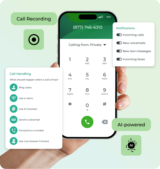 Mobile phone screen with a breakdown of Phone.com's call handling and recording features.