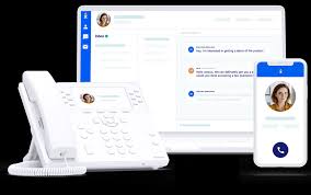 Computer screen, mobile phone, and Nextiva hardware with VoIP video calling.