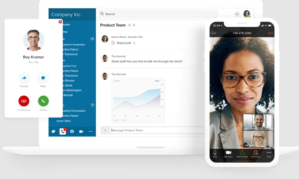 Desktop and mobile app screens featuring a RingCentral video conference call between a product team.