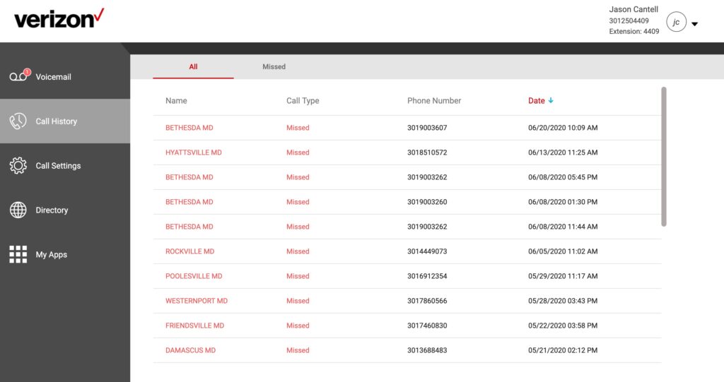 Verizon call history showing multiple missed calls.