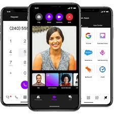 Three mobile phone screens featuring call dialer, video chat, and integrations in the Vonage business communications app.