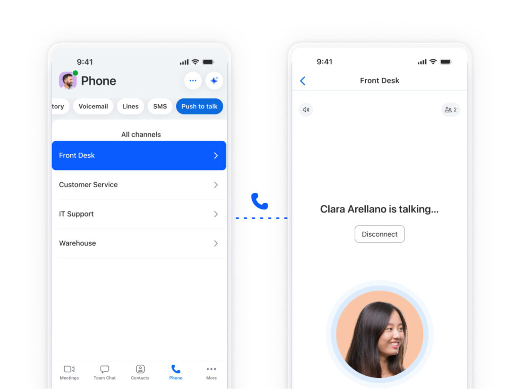 Two mobile phone screens featuring calls from the front desk to a business contact in the Zoom Phone app.